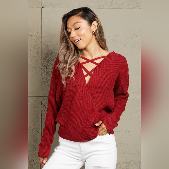 Woven Right Red Criss-Cross V-Neck Ribbed Waffle-Knit Long Sleeve Sweater - Picture 6 of 6